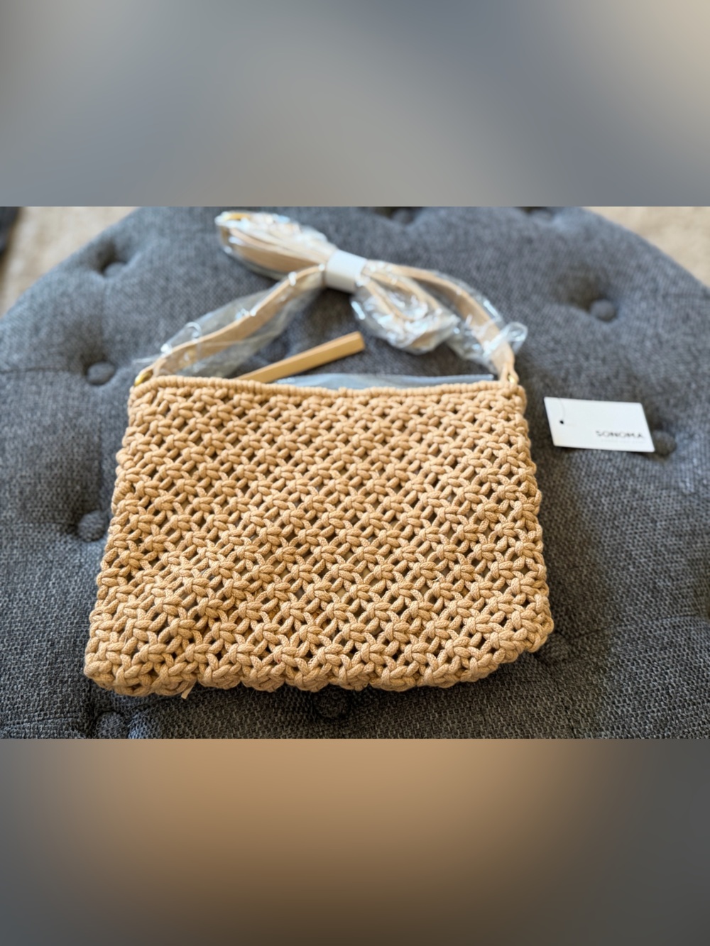 NWT SONOMA Woven Macrame Crossbody Bag in Tan - Picture 3 of 3
